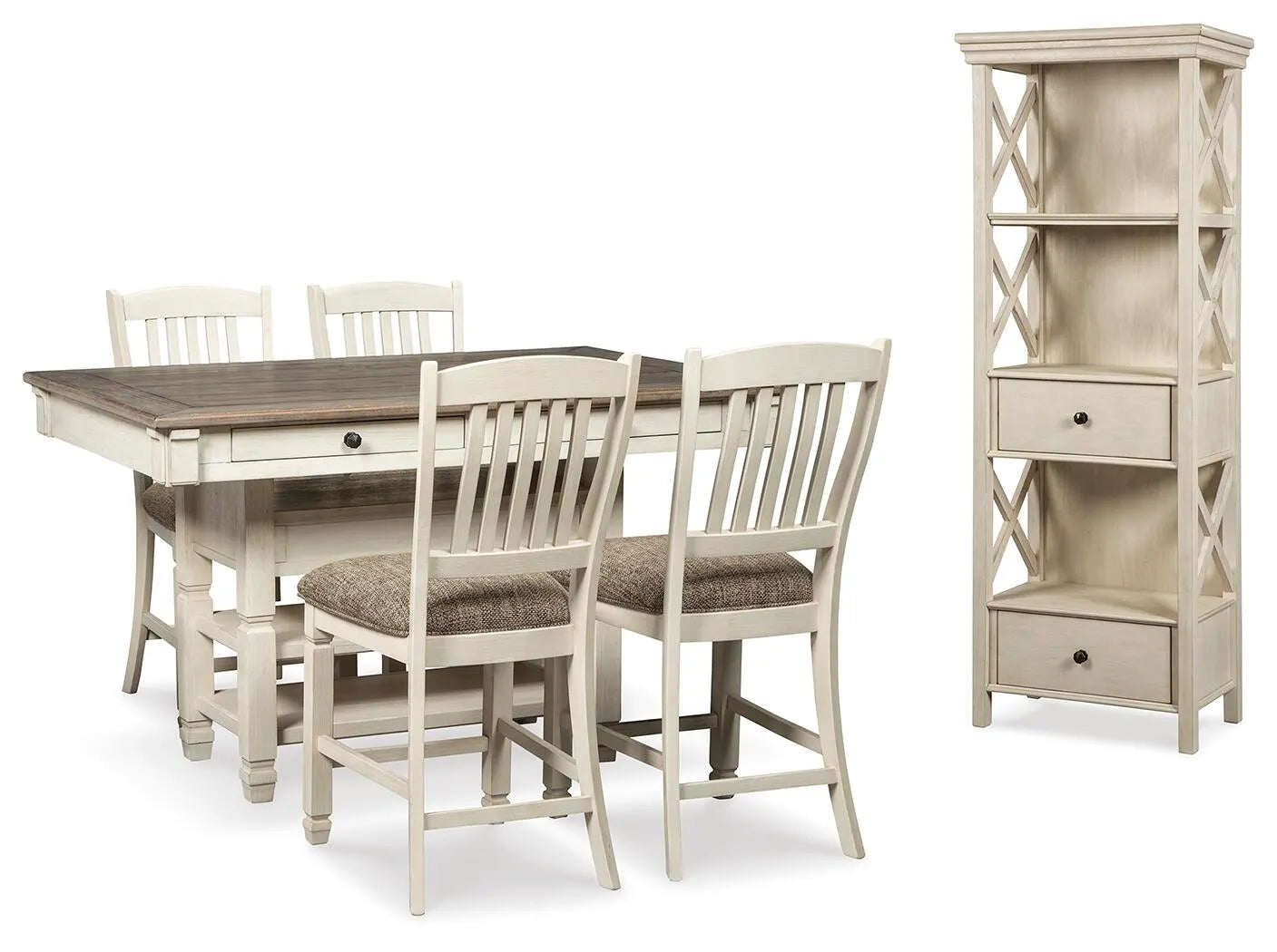 Mesa de comedor Bolanburg de altura de mostrador y 4 taburetes con vitrina