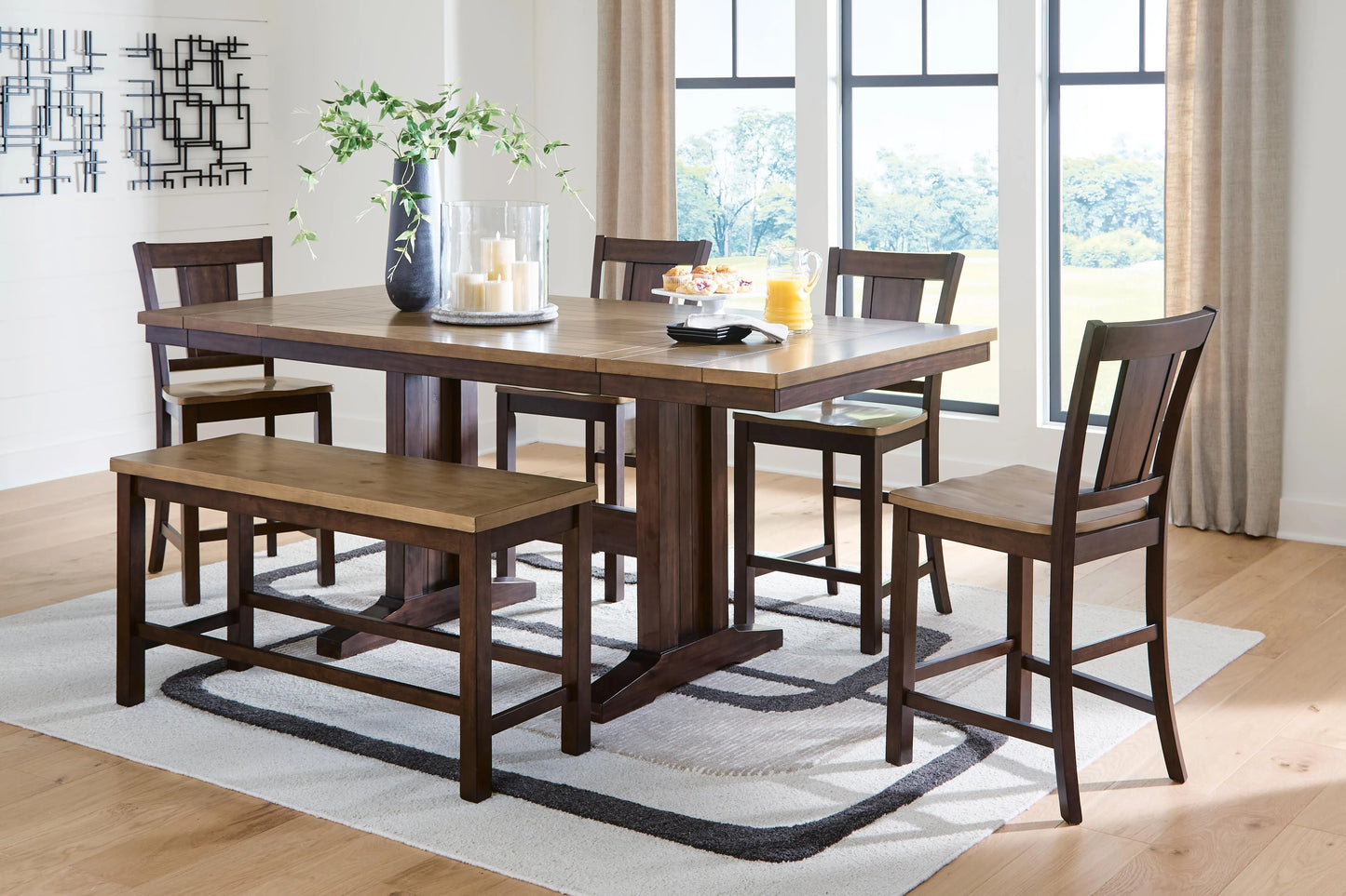 Anixburg Counter Height Extension Dining Table 4 Barstools and Bench