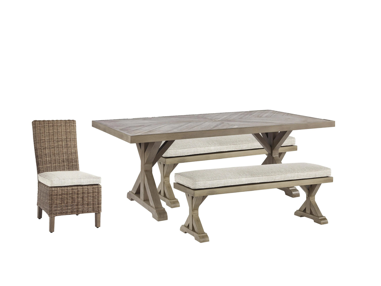 Mesa de comedor para exterior Beachcroft con 4 sillas y banco