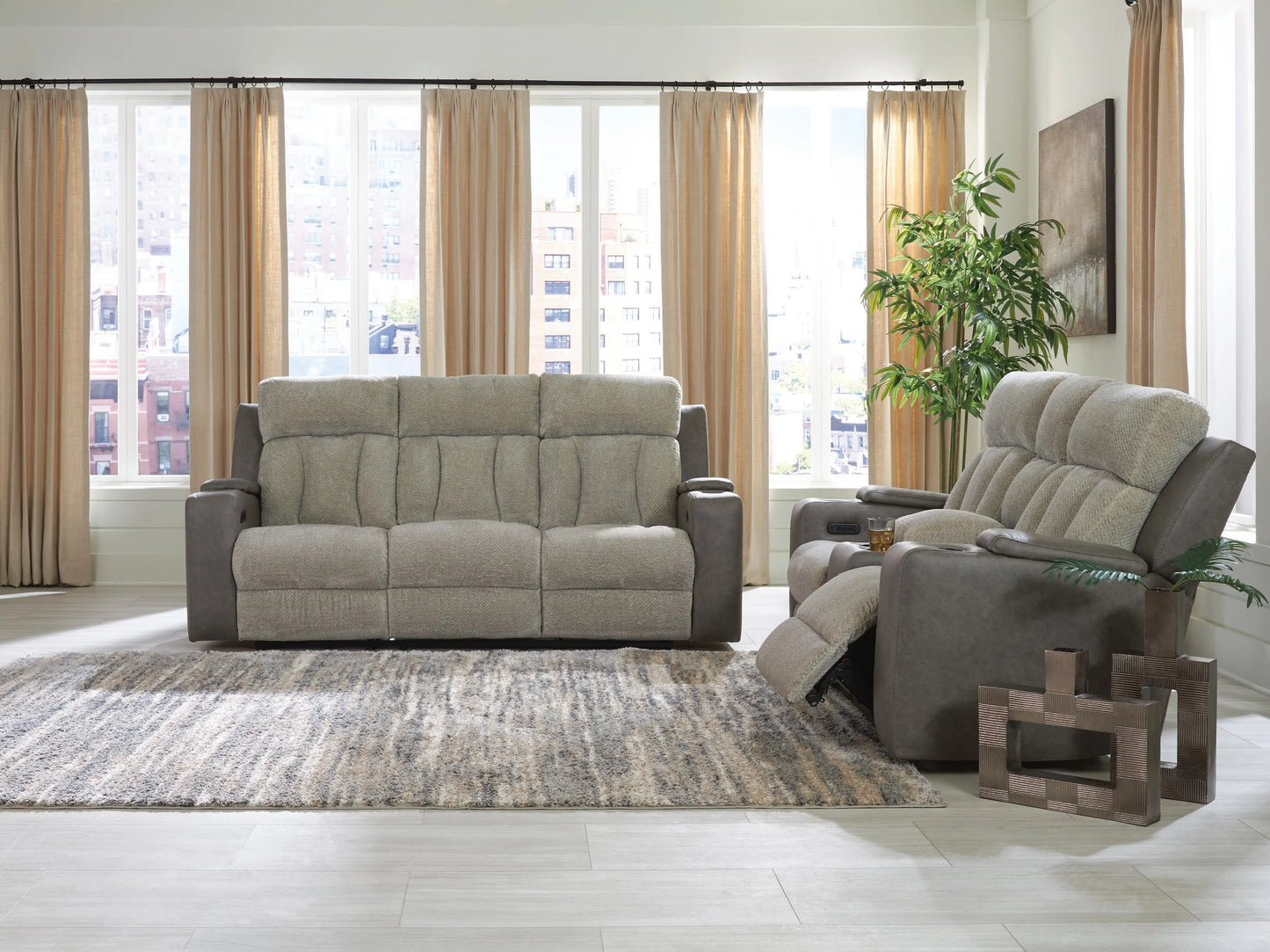 Stately Check Power Reclining Sofa and Loveseat