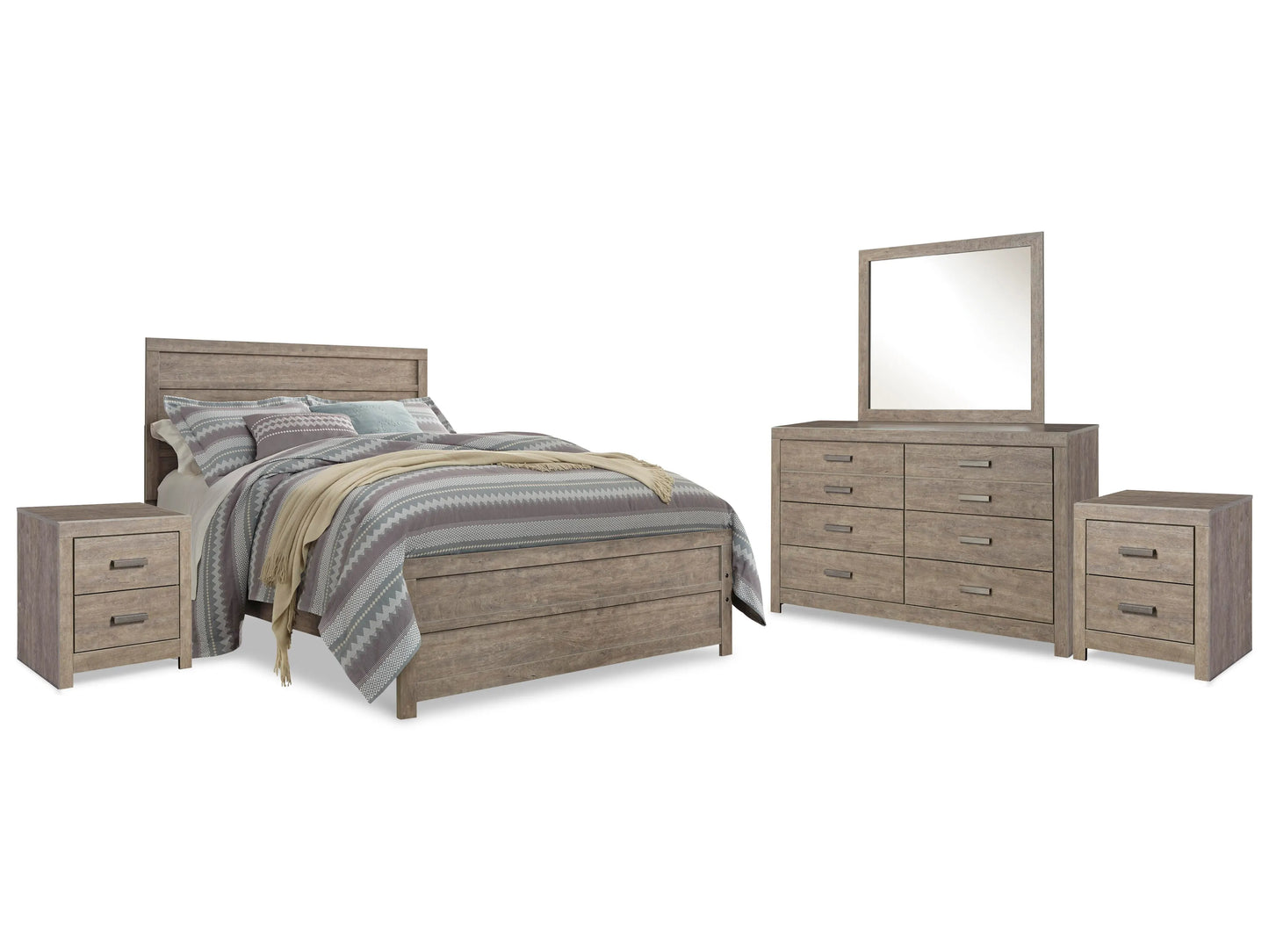 Cama Queen Culverbach con tocador con espejo y dos mesitas de noche