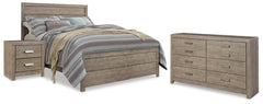 Cama Queen con paneles, cómoda y mesita de noche Culverbach
