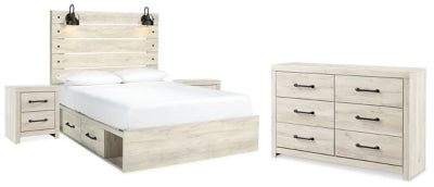 Cama Queen Cambeck con paneles, espacio de almacenamiento, cómoda y dos mesitas de noche