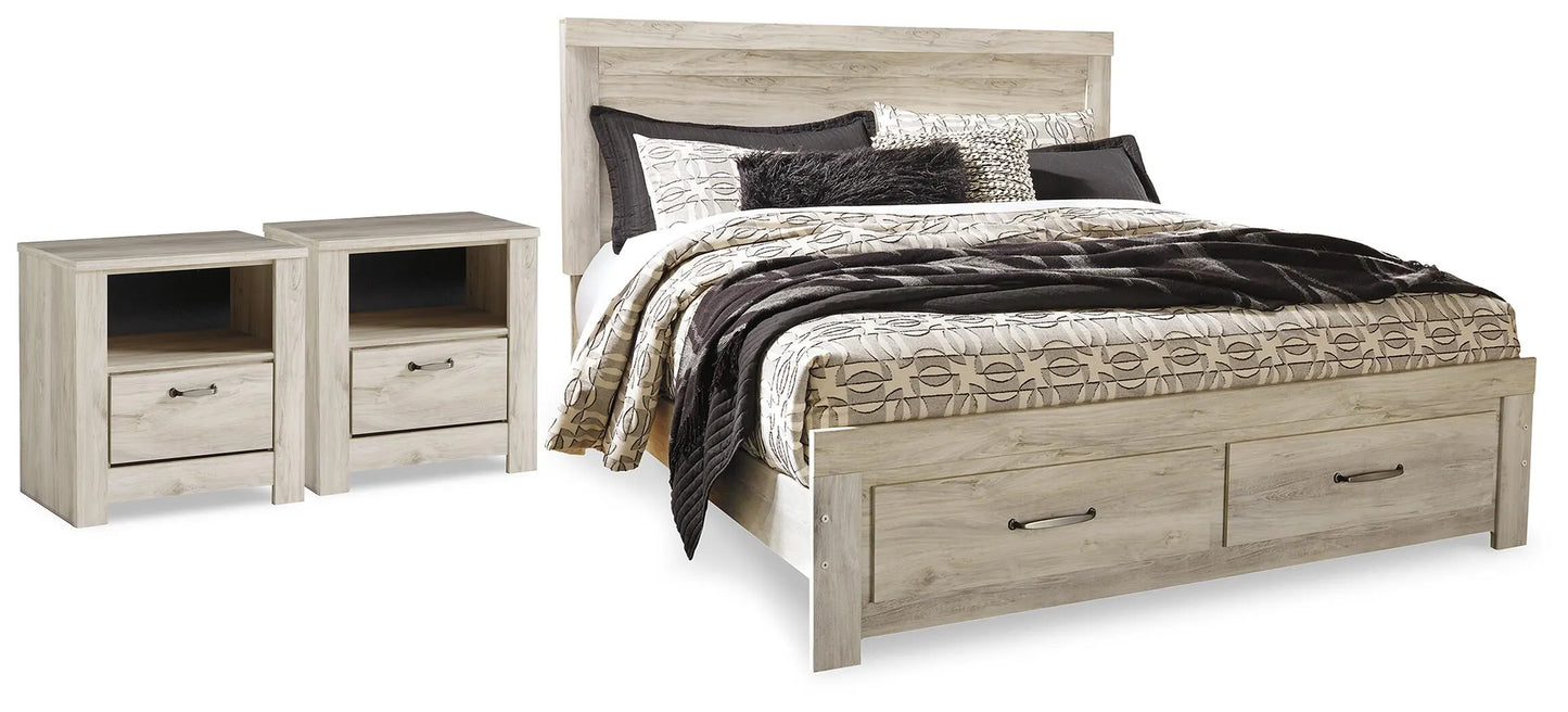 Cama Bellaby King con espacio de almacenamiento y dos mesitas de noche