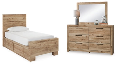Cama Hyanna Twin con dos paneles, almacenaje lateral, cómoda y espejo