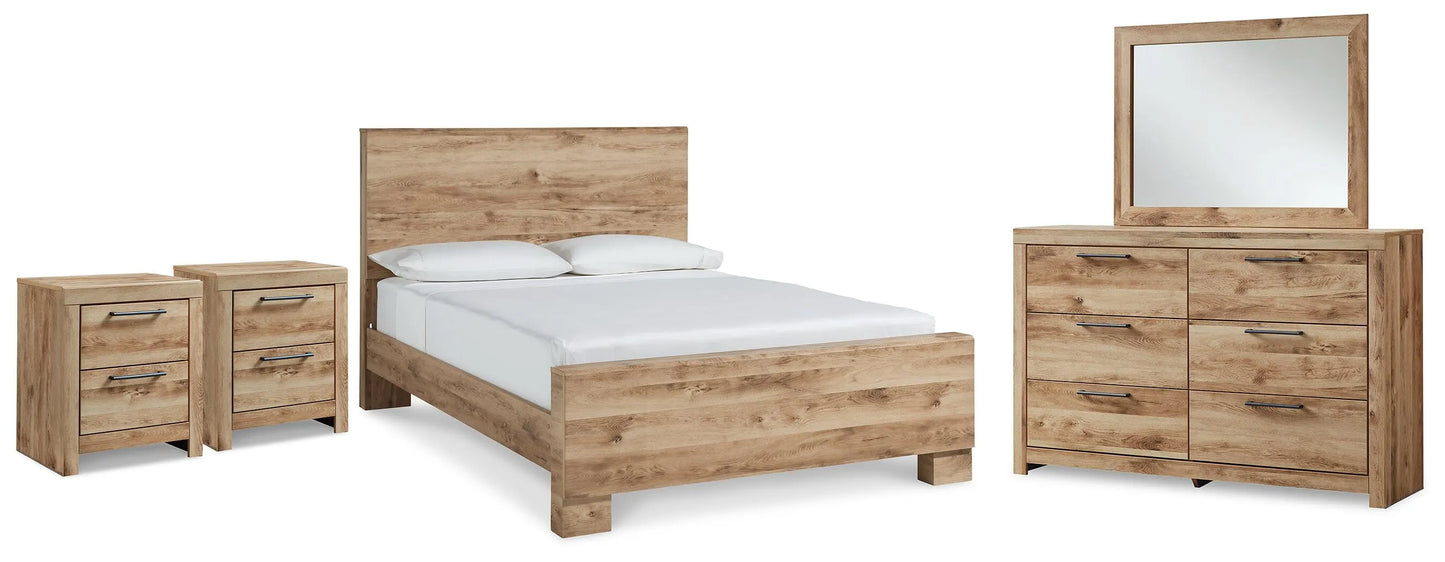 Cama Queen Hyanna con paneles, tocador, espejo y mesita de noche