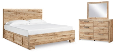 Cama Hyanna King con dos cajones laterales, cómoda y espejo