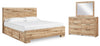 Cama Hyanna King con dos cajones laterales, cómoda y espejo