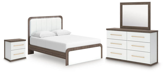 Mazilar Queen Upholstered Bed, Dresser, Mirror and Nightstand