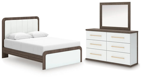 Mazilar Queen Upholstered Platform Bed, Dresser and Mirror