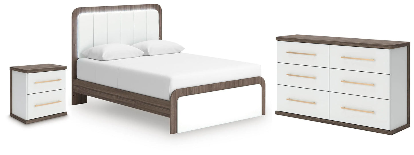 Mazilar Queen Upholstered Bed, Dresser and Nightstand