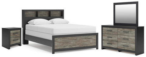 Jonnifer Queen Bookcase Panel Bed, Dresser, Mirror and Nightstand
