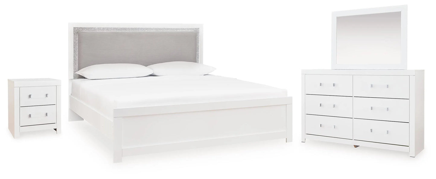Raechalla Queen Upholstered Panel Bed, Dresser, Mirror and Nightstand