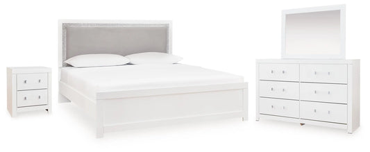 Raechalla Queen Upholstered Panel Bed, Dresser, Mirror and Nightstand