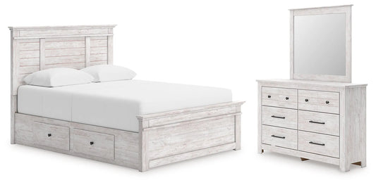 Fenderport Queen Panel Bed with Storage, Dresser and Mirror