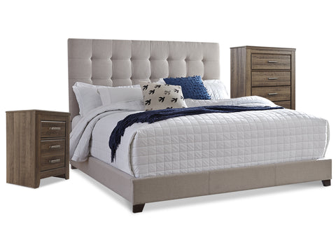 Cama Queen tapizada Dolante con cómoda y mesita de noche