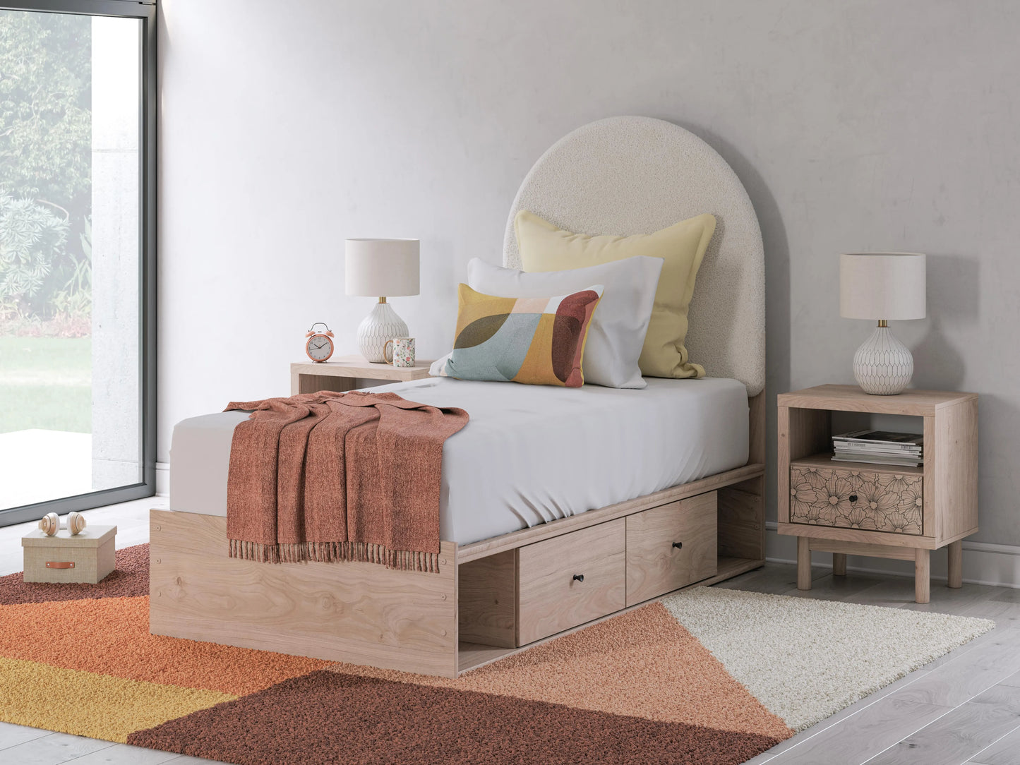 Cama individual tapizada con paneles y almacenamiento Shapella