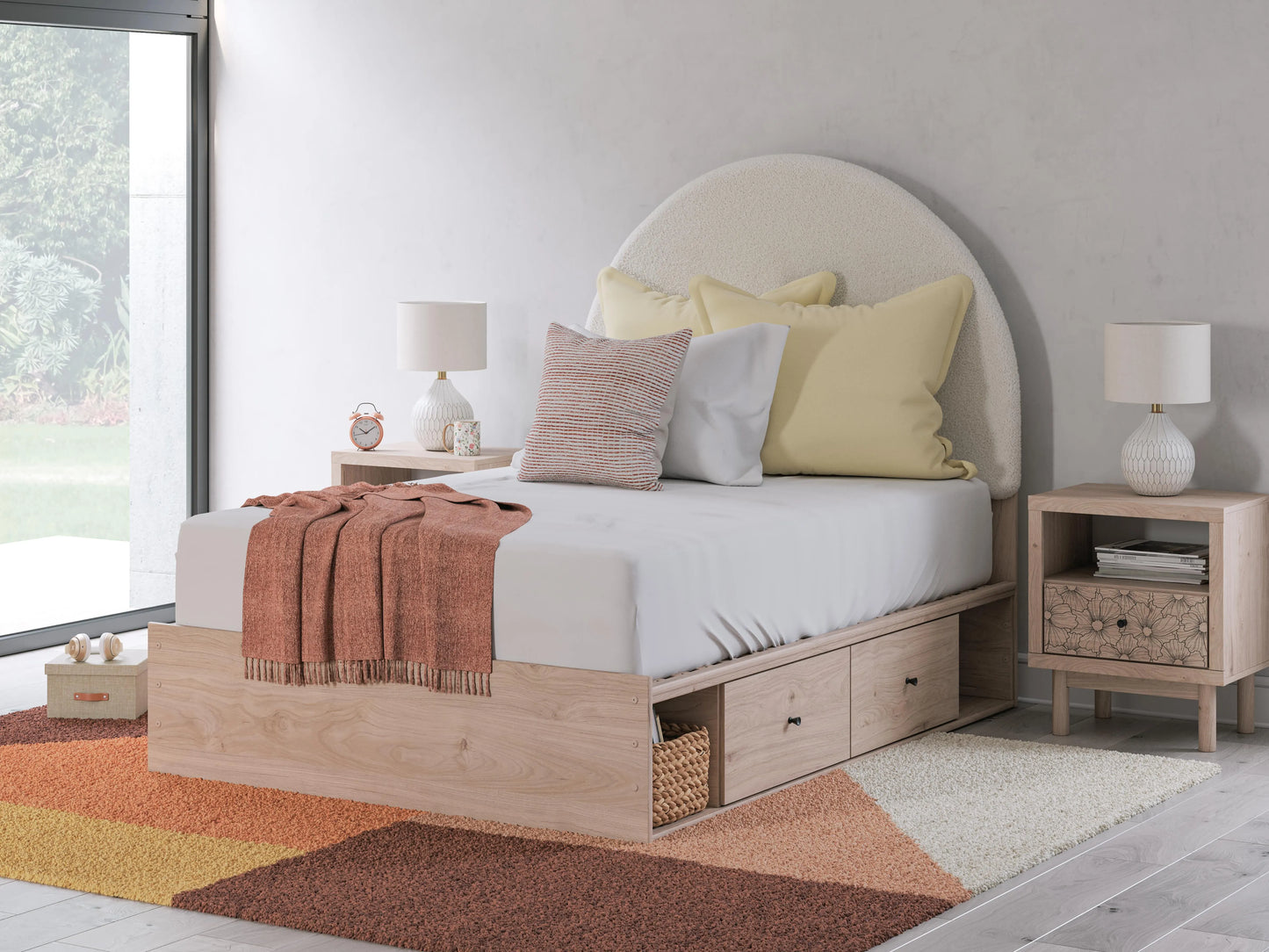 Cama tapizada Shapella con paneles y almacenamiento