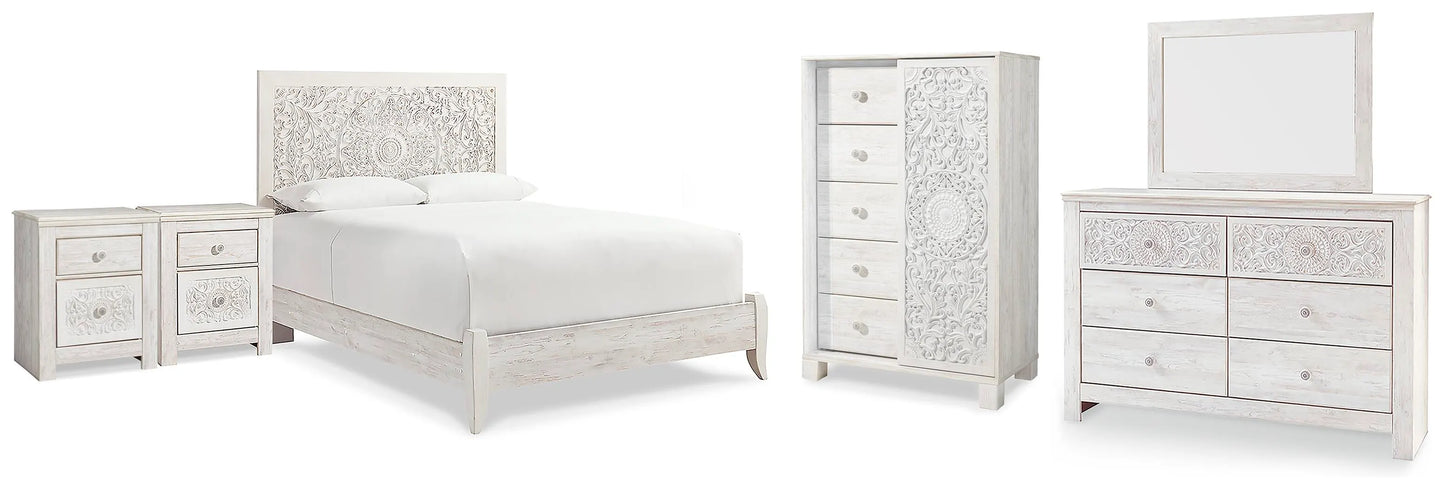 Cama Queen con paneles Paxberry, tocador, espejo, cómoda y dos mesitas de noche