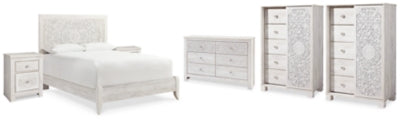 Cama Queen con paneles Paxberry, cómoda, dos cómodas y dos mesitas de noche