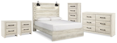 Cama Queen Cambeck con paneles de almacenaje, cómoda, arcón y dos mesitas de noche