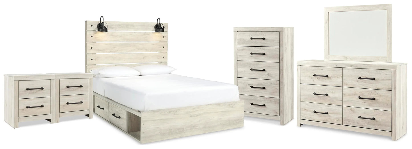 Cama Queen Cambeck con espacio de almacenamiento, tocador, espejo, cómoda y dos mesitas de noche