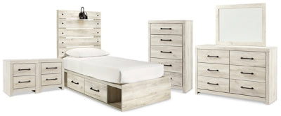 Cama doble Cambeck con espacio de almacenamiento, tocador, espejo, cómoda y dos mesitas de noche