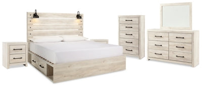 Cama King Cambeck con espacio de almacenamiento, tocador, espejo, cómoda y dos mesitas de noche