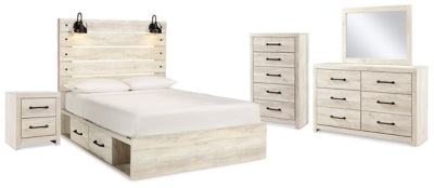 Cama Queen Cambeck con almacenamiento, tocador, espejo, cómoda y mesita de noche