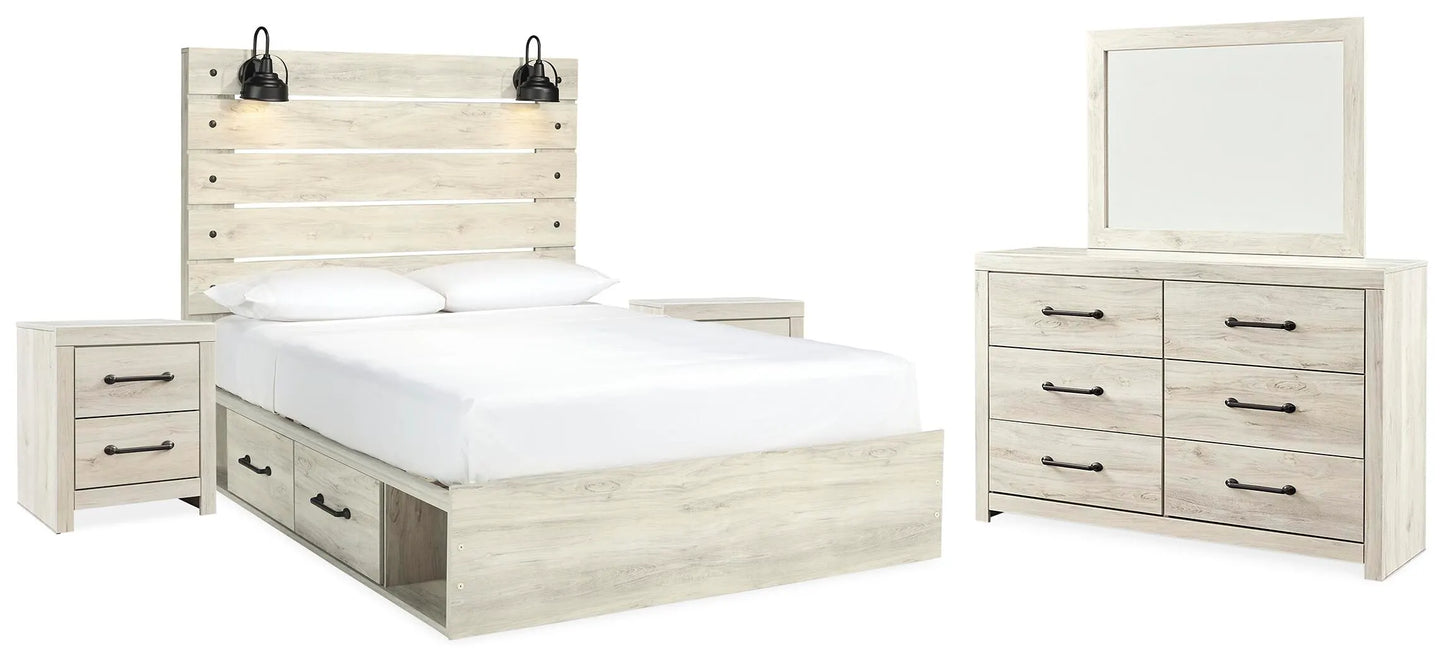 Cama Queen Cambeck con espacio de almacenamiento, tocador, espejo y dos mesitas de noche