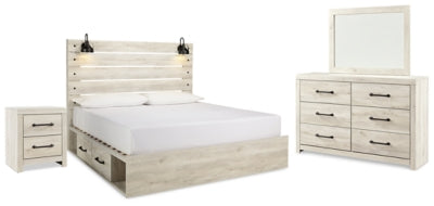 Cama King Cambeck con paneles, espacio de almacenamiento, tocador, espejo y mesita de noche