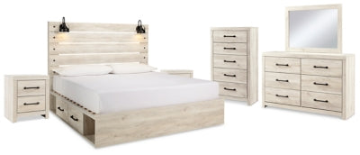 Cama King Cambeck con espacio de almacenamiento, tocador, espejo, cómoda y dos mesitas de noche