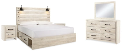 Cambeck King Panel Bed with 2 Side Storage, Dresser, Mirror, and Nightstand