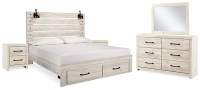 Cama King Cambeck con espacio de almacenamiento, dos cómodas, espejo y dos mesitas de noche