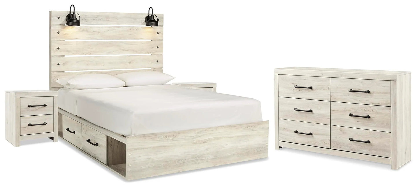 Cama Queen Cambeck con paneles, espacio de almacenamiento, cómoda y dos mesitas de noche