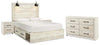 Cama Queen Cambeck con paneles, espacio de almacenamiento, cómoda y dos mesitas de noche