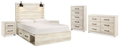 Cama King Cambeck con almacenaje, cómoda, arcón y dos mesitas de noche