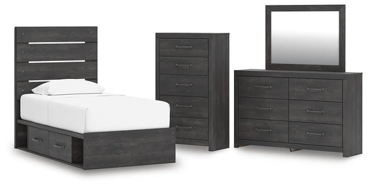 Delmorta Twin Panel Storage Bed, Dresser, Mirror and Chest
