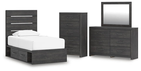 Delmorta Twin Panel Storage Bed, Dresser, Mirror and Chest