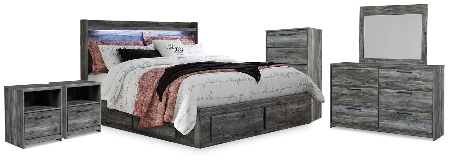 Cama King Baystorm con almacenaje, tocador, espejo, cómoda y dos mesitas de noche