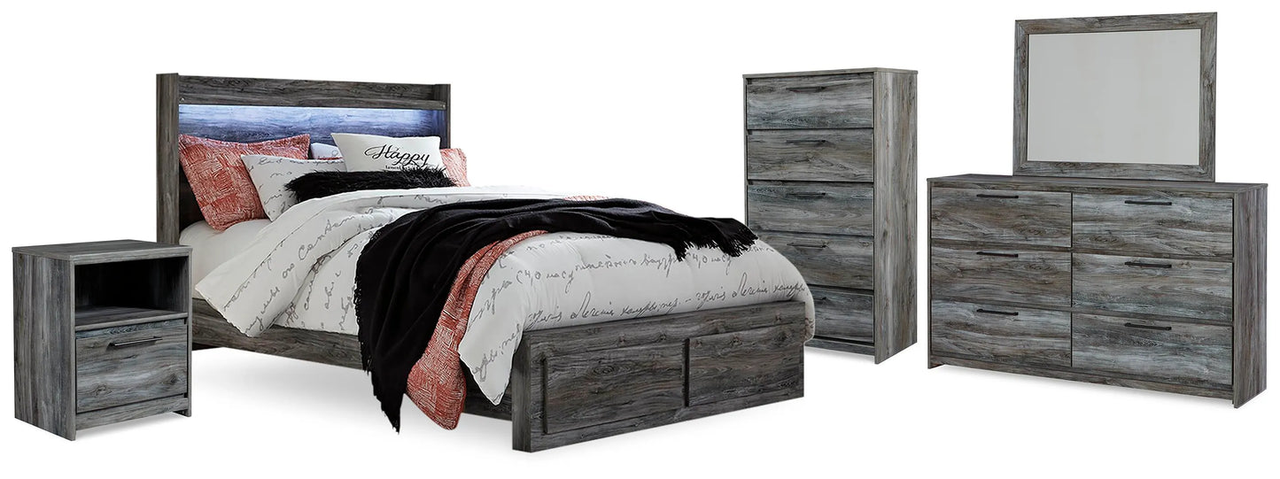 Cama Queen Baystorm con almacenamiento, tocador, espejo, cómoda y dos mesitas de noche