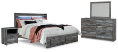 Cama King Baystorm con almacenamiento, tocador con espejo y mesita de noche