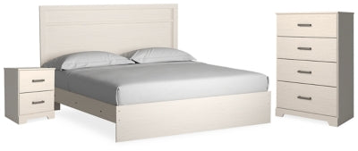 Cama King Stelsie con paneles, cómoda y mesita de noche