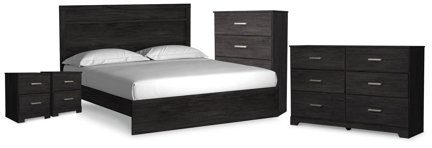 Cama King Belachime con paneles, cómoda, arcón y dos mesitas de noche