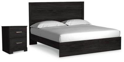 Cama con panel tamaño king y mesita de noche Belachime