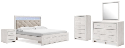 Cama King Altyra con almacenaje tapizado, tocador, espejo, cómoda y mesita de noche