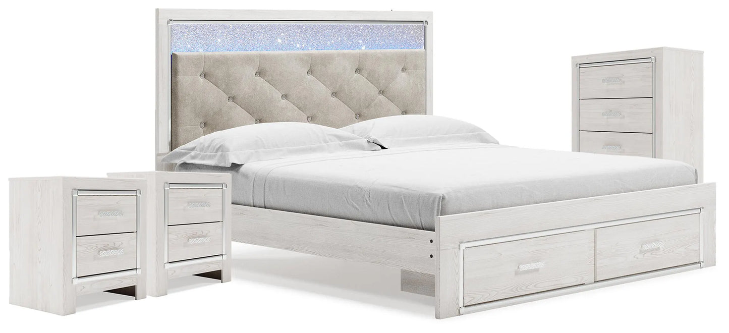 Cama King Altyra con almacenaje, cómoda y dos mesitas de noche