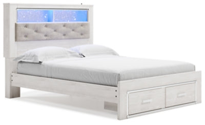 Cama Queen Altyra con librería tapizada y espacio de almacenamiento