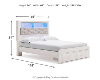 Cama Queen Altyra con librería tapizada y espacio de almacenamiento