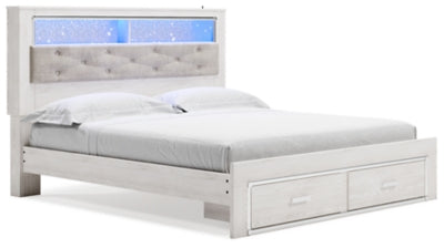 Cama Altyra King con librería tapizada y almacenamiento